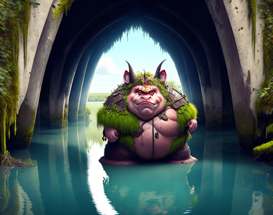 Whimsical illustration of a plump green troll under stone bridge