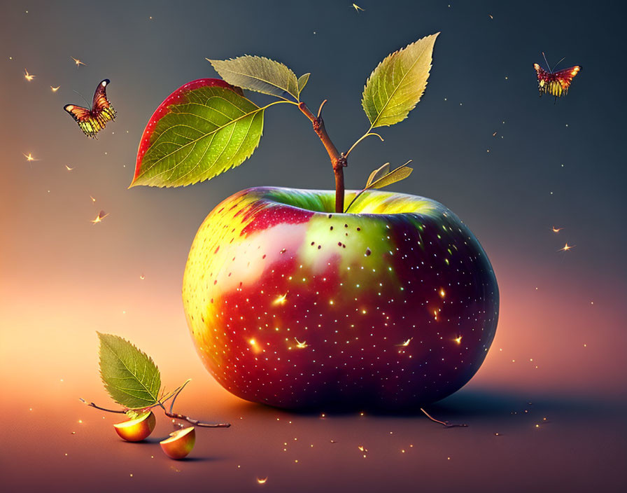 Colorful apple with leaves, sprout, sparkles, butterflies on warm background