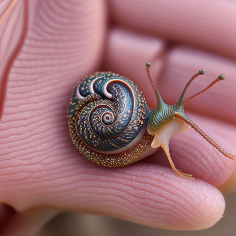 Colorful Swirling Shell Pattern Snail on Human Palm