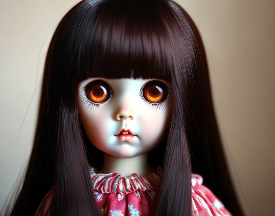 Close-up: Doll with Large Orange Eyes and Dark Hair in Floral Red Dress