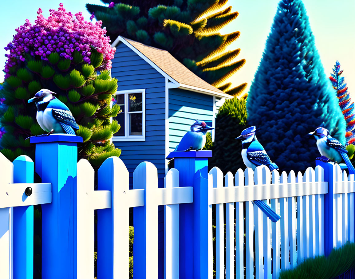 Vibrant illustration of blue jays on picket fence with house and trees