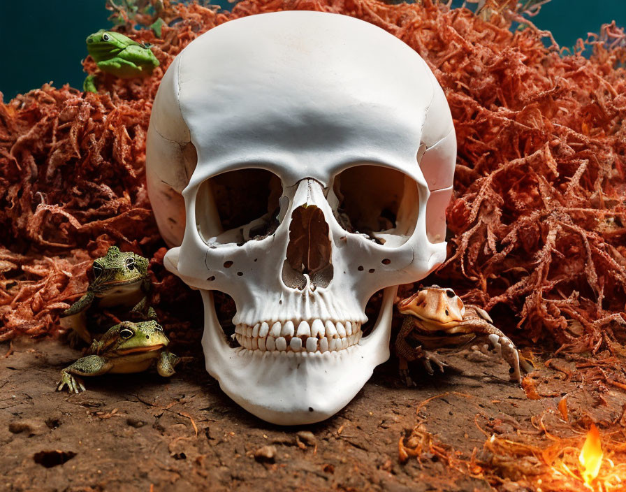 Human skull with frogs and dried flora on teal background