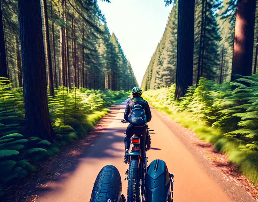 Cyclist riding through sunlit forest with tall trees and lush ferns