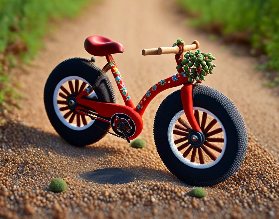 Colorful toy bicycle on pebble path with plant growth.