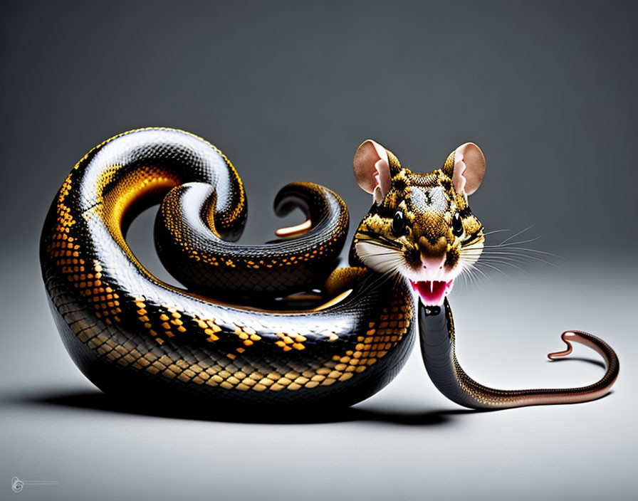 Surreal creature with snake body and tiger head in intricate pattern.