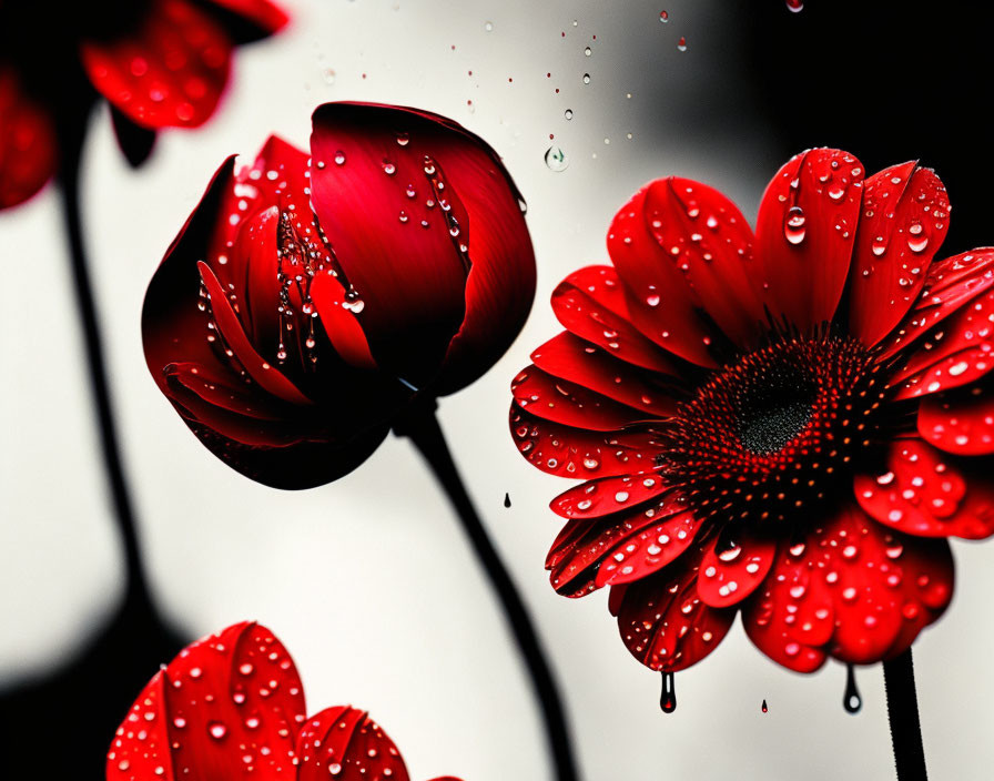 Vibrant red flowers with water droplets on petals in blurred background