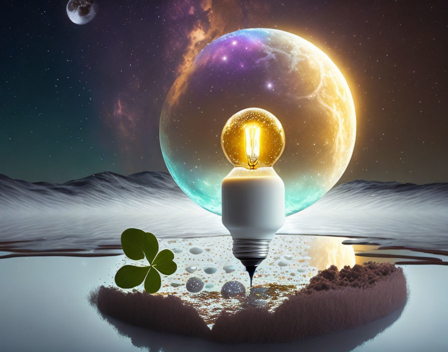 Surreal glowing light bulb sprouts clover in cosmic scene