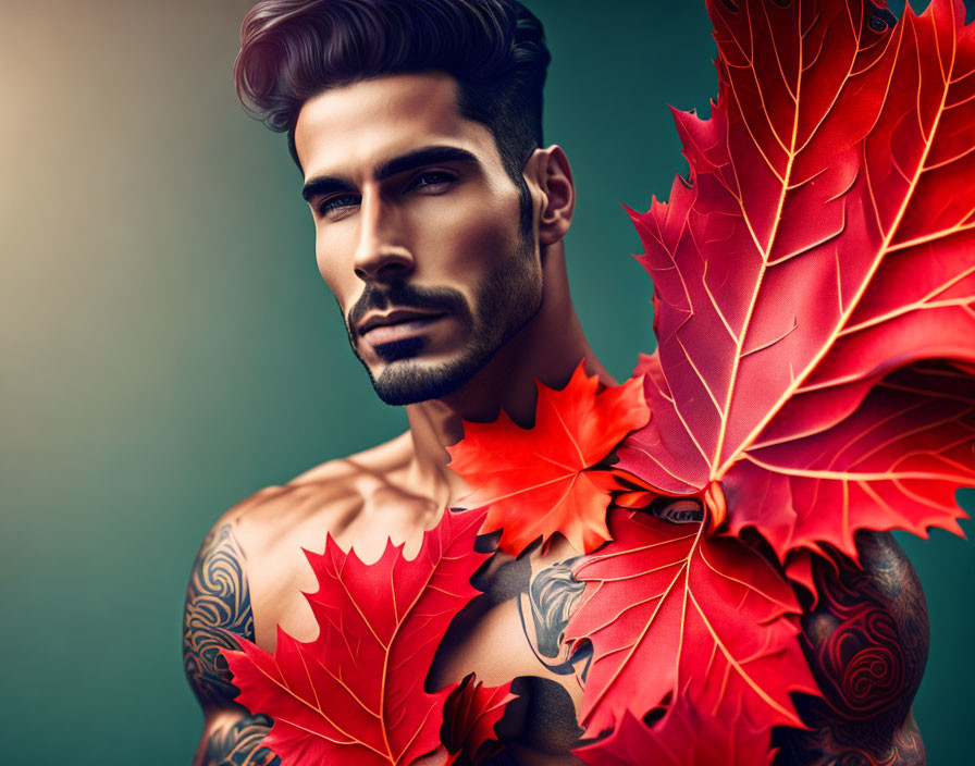 Tattooed man with sculpted beard in stylized portrait among red maple leaves on teal background