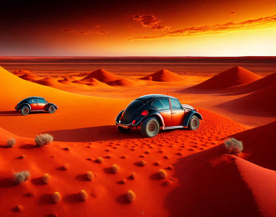 Vintage Volkswagen Beetles in Desert Sunset Scene