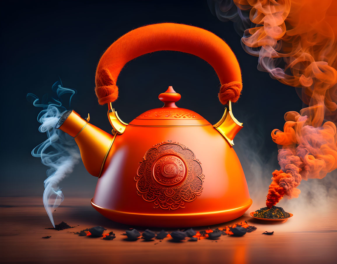 Orange Teapot Emitting Steam with Decorative Pattern on Dark Background