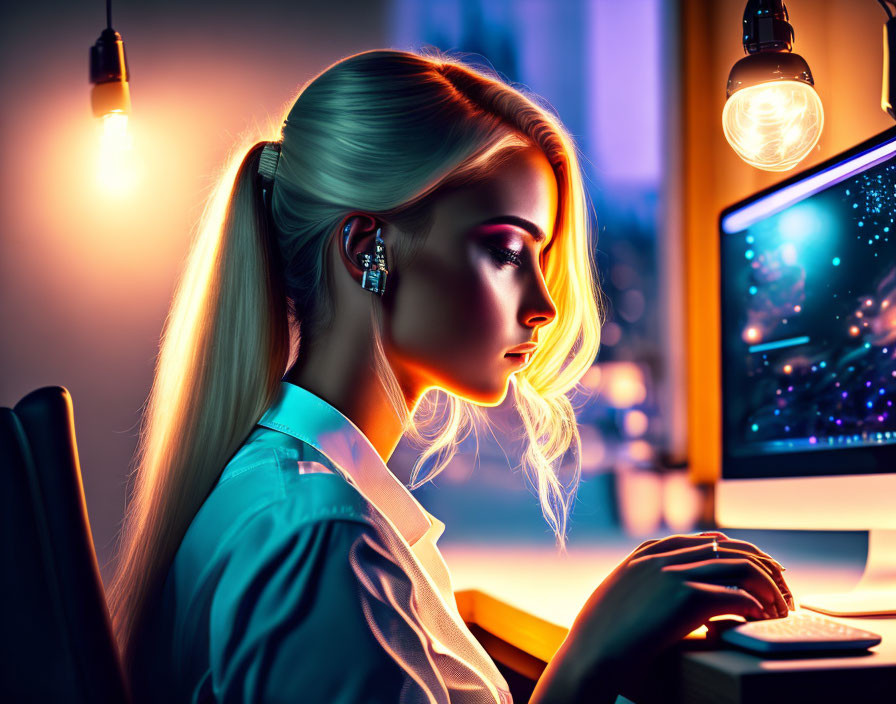 Blonde woman illuminated by hanging bulbs and computer screen in dimly lit room