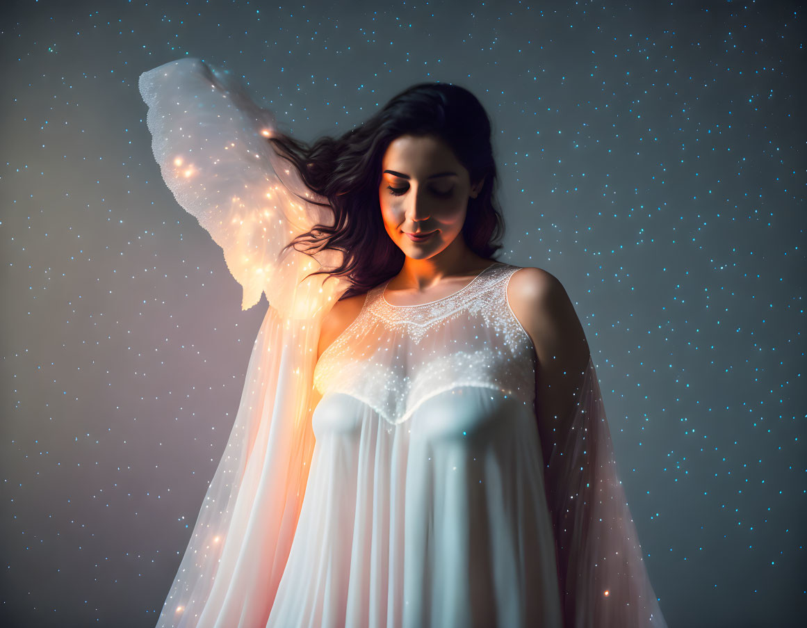 Ethereal figure in white dress with luminous wings on starry backdrop