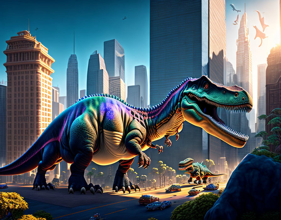 Colorful dinosaurs in modern cityscape with cars and futuristic buildings