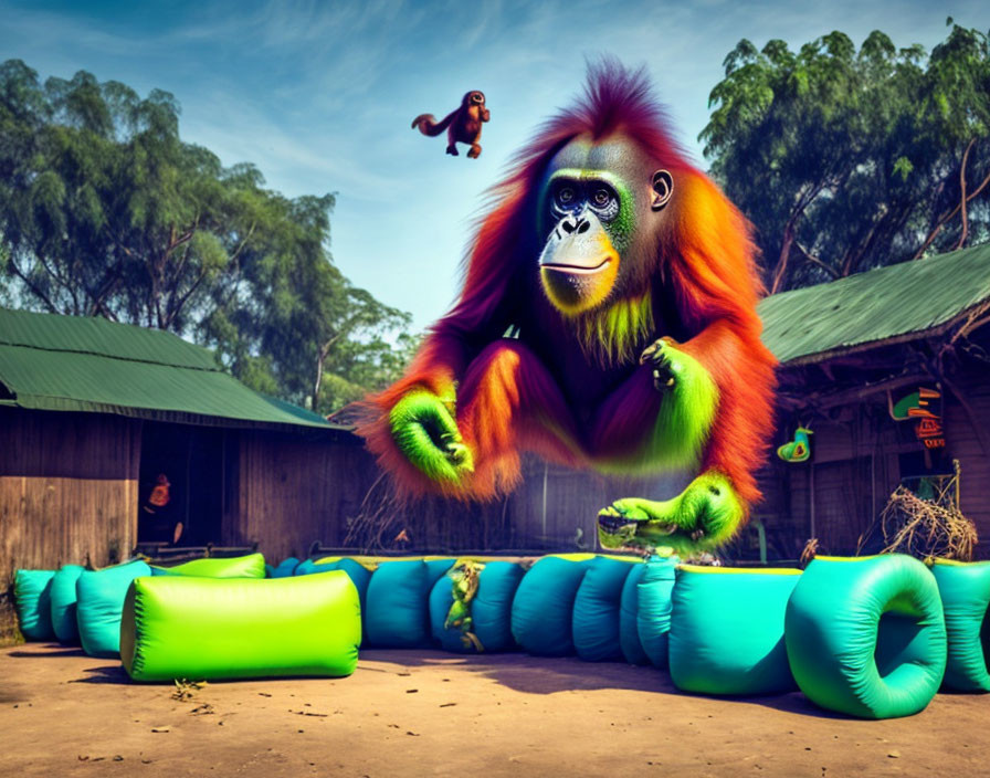 Colorful orangutan-like creature with green hands among inflatable tubes