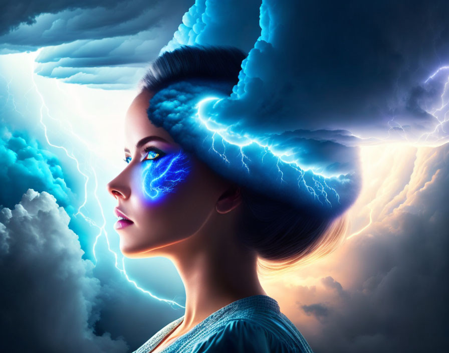 Surreal portrait of woman with storm cloud hair and lightning