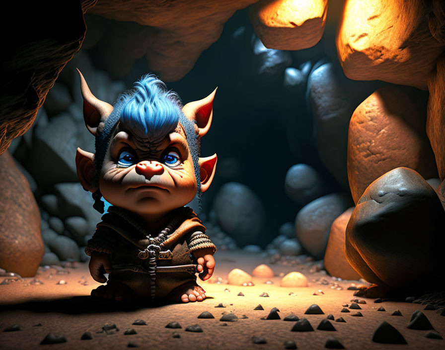 Blue-haired fantasy creature with horns, ankle shackle, sad expression in dimly lit cave