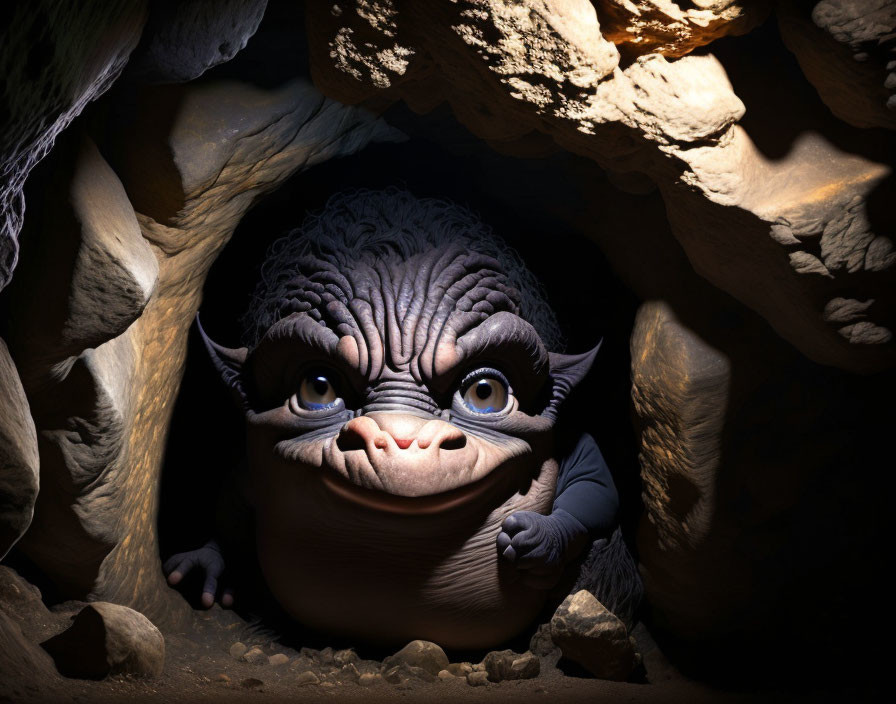 Smiling creature with large eyes in shadowy cave