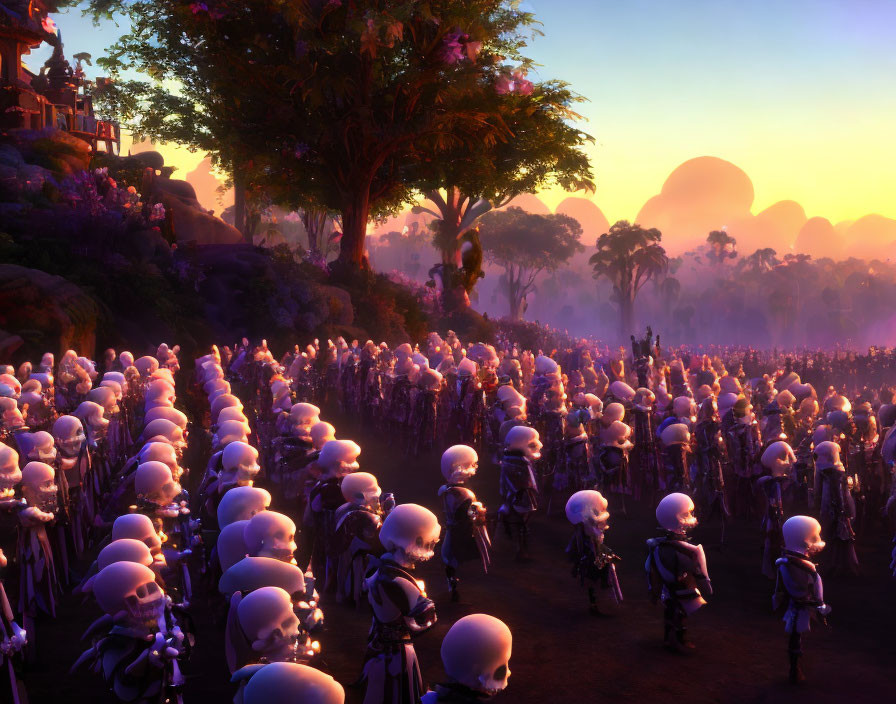 Robotic Skull-headed Legion in Alien Sunset Landscape