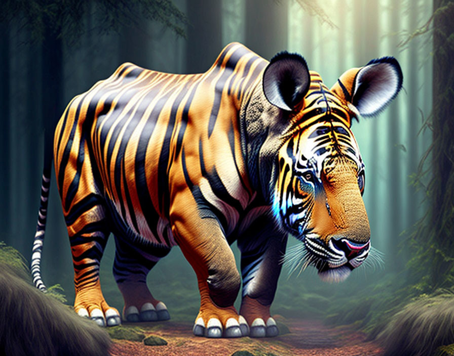 Vibrant digitally rendered tiger in mystical forest with sunbeams