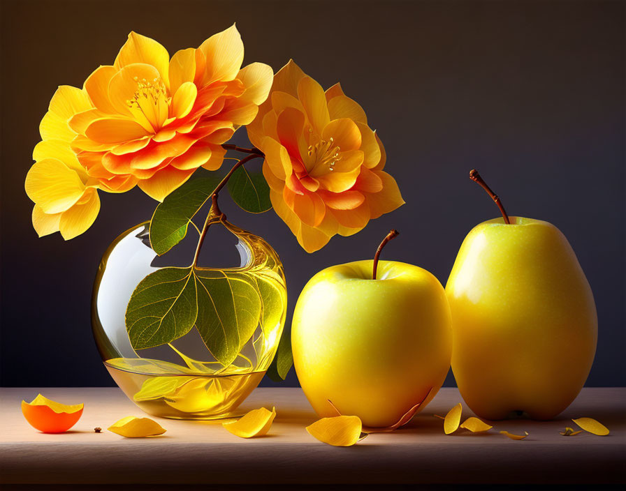 Vibrant yellow-orange flowers in clear vase with apples on wooden surface