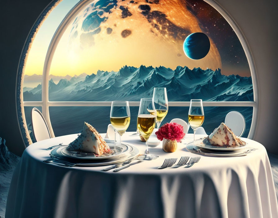 Romantic dining setting with dessert, wine, mountains, moon view