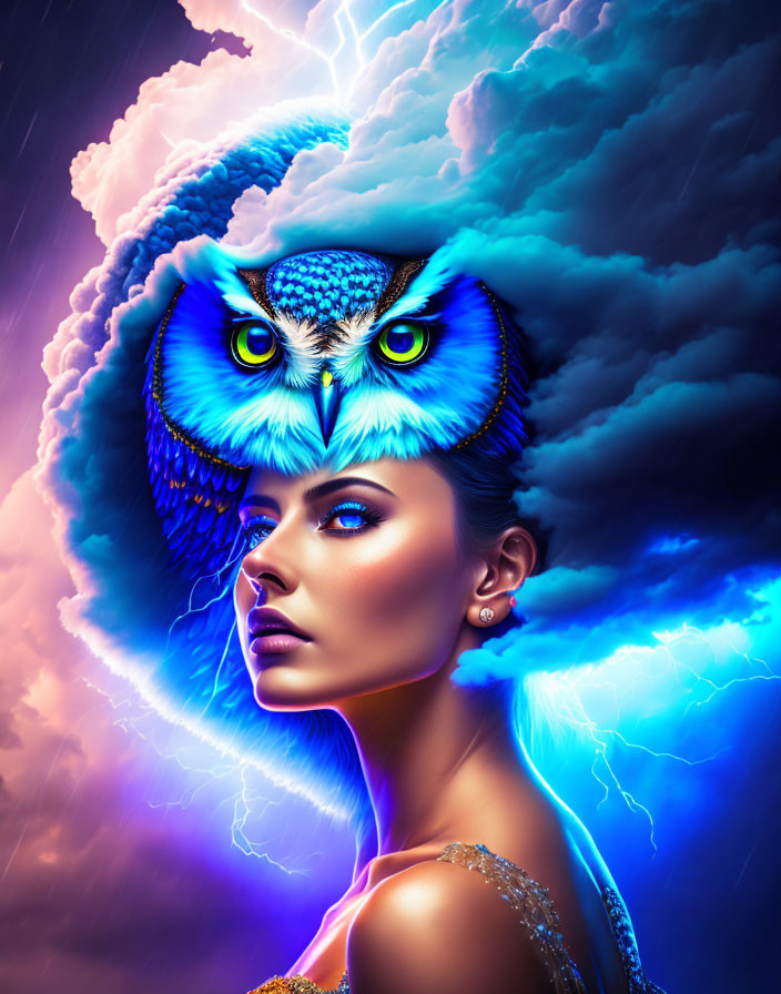 Surreal portrait of woman's face blended with owl on stormy backdrop