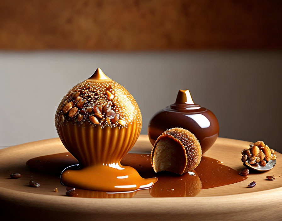 Glossy Chocolate Dessert with Caramel Drizzle and Nuts on Wooden Surface