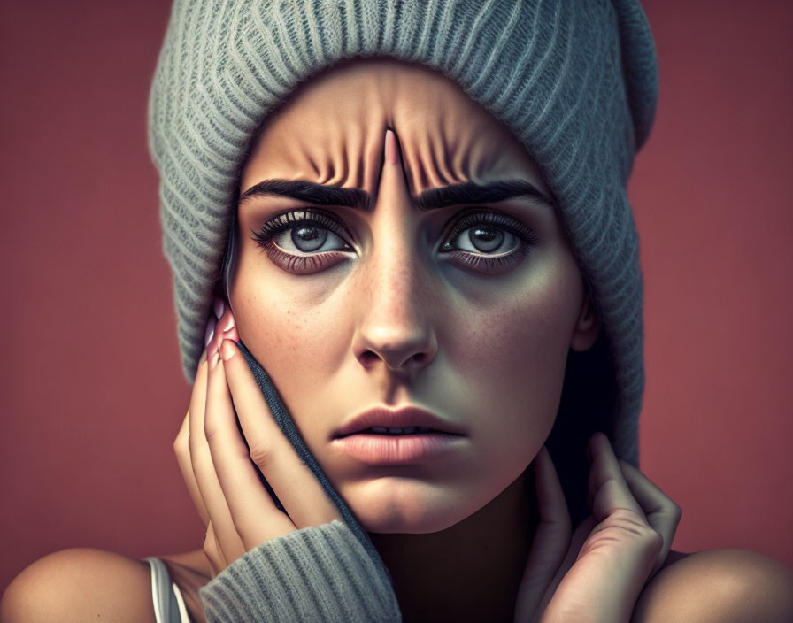 Woman in gray beanie with expressive eyes in pensive pose.