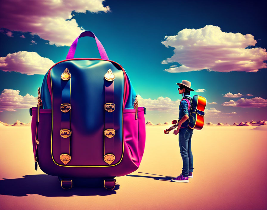 Person with Guitar and Backpack in Surreal Desert Landscape