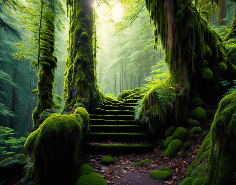 Misty forest with moss-covered trees and ancient staircase