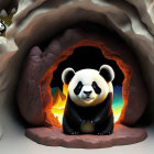 Giant panda in cave with warm glow and smaller pandas.