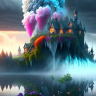 Mystical house on rocky peak with waterfalls and colorful trees