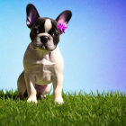 Black and White French Bulldog Puppy with Purple Flower in Ear on Grass and Sky Background