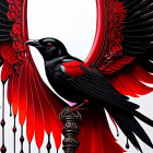 Stylized black bird illustration with red and black feathers on gradient background