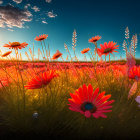 Orange daisies in dewy field under sunset sky