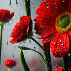 Bright red gerbera flowers with water droplets on petals against raindrop-speckled grey background