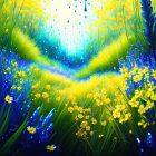 Colorful painting of grassy pathway with flowers under raindrops and light rays