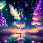 Glowing fairy with iridescent wings by reflective pond