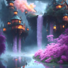 Fantastical Twilight Scene with Pink Foliage and Glowing Castle