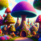 Colorful Mushroom Houses in Lush Landscape