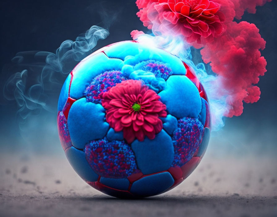 Vibrant blue and red flower pattern on surreal sphere emitting blue and pink smoke