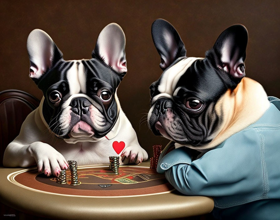 Cartoon French Bulldogs Playing Poker with Chips and Heart