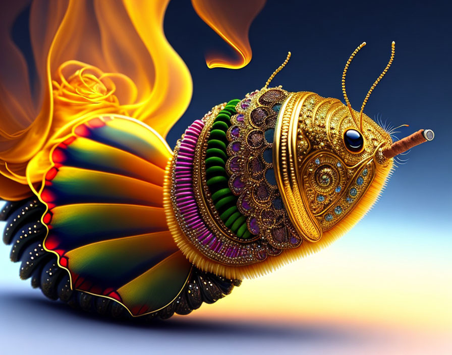 Colorful Fantastical Snail with Ornate Shell and Fiery Wing