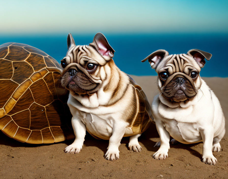 Adorable pug puppies with a turtle on sandy surface and blue background