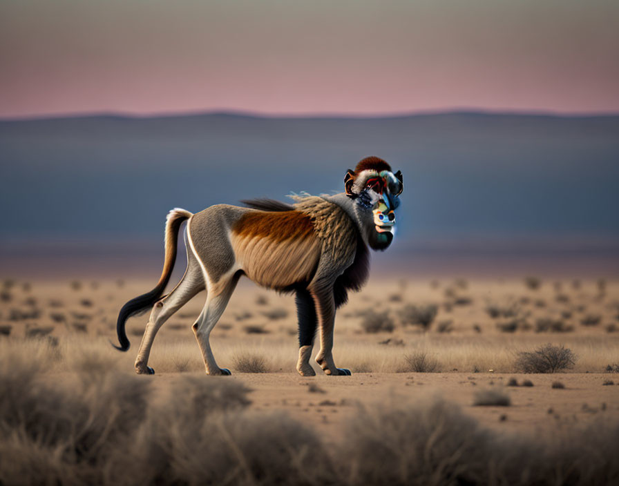 Fantastical creature with antelope features and baboon face in twilight landscape