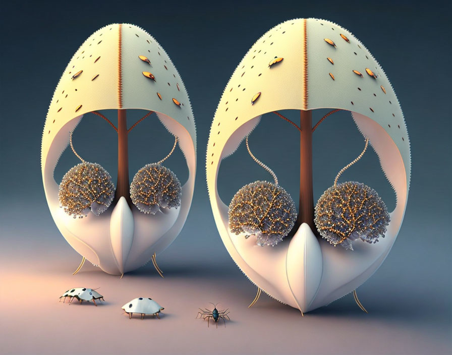 Surreal image of egg-shaped structures with trees and insects on soft background