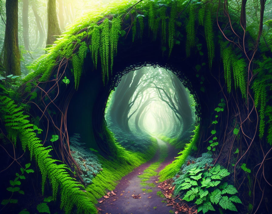 Enchanting forest path with arched tree roots and green ferns