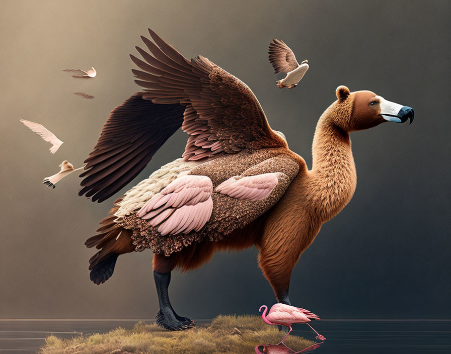 Bear with Bird Wings and Flamingo in Surreal Scene