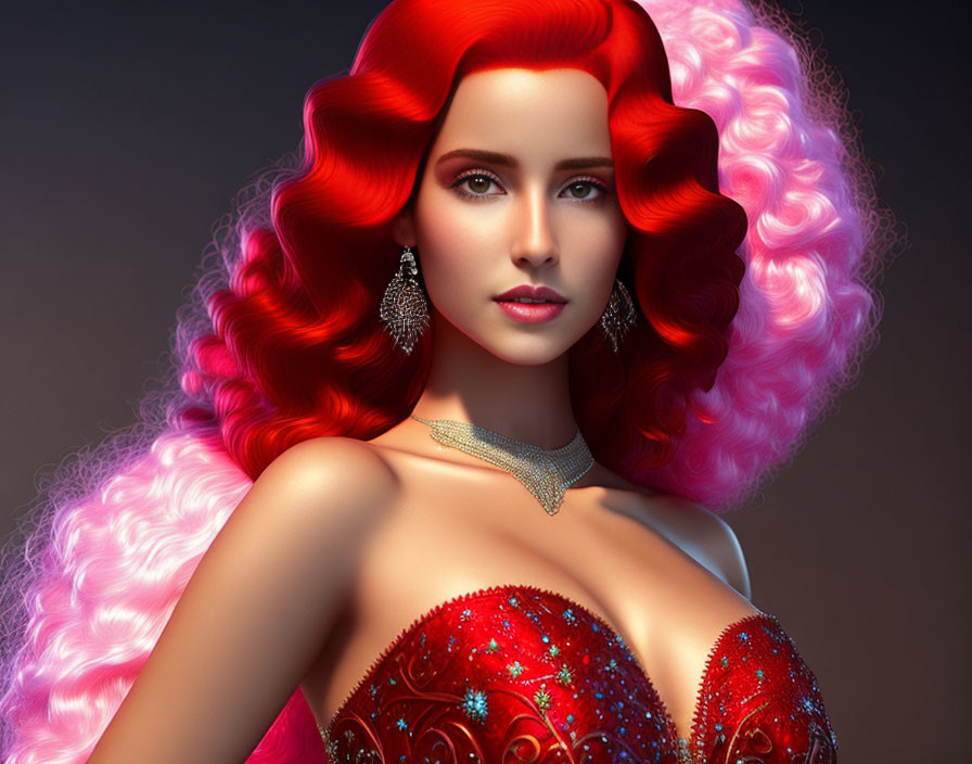 Voluminous red and pink hair woman in sparkling red attire portrait