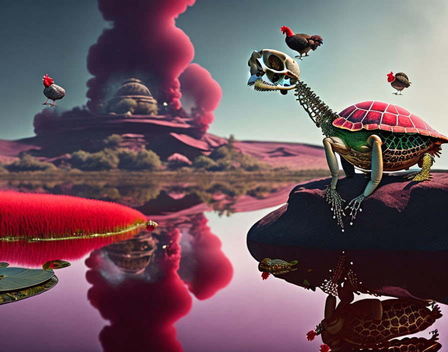 Surreal image: Turtle with skeletal head, red-shelled turtle, small bird, birds,